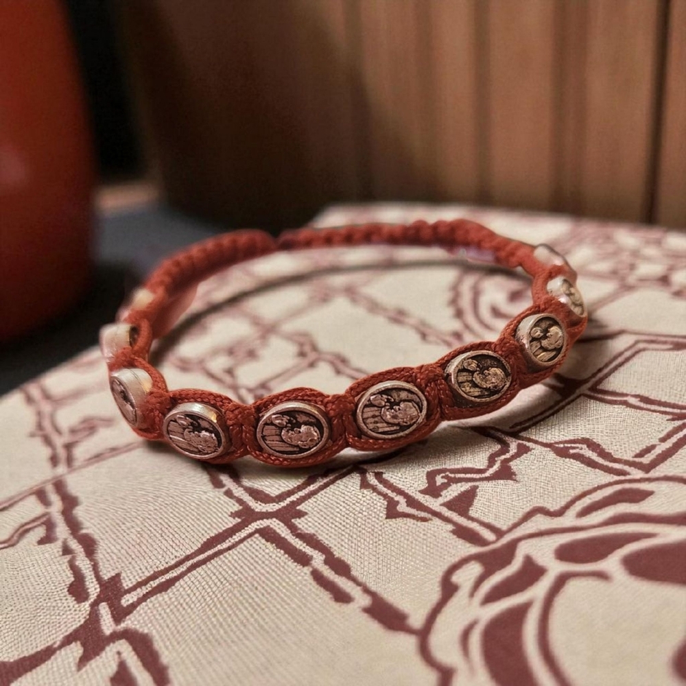Saint Pio Medal Beaded Brown Cord Adjustable Bracelet for Men Or Women